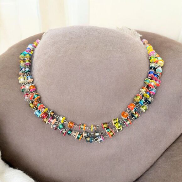 Zad Necklace Multi Color Plastic Bead Sequin Brass Multi Strand Beaded Choker - Picture 1 of 5